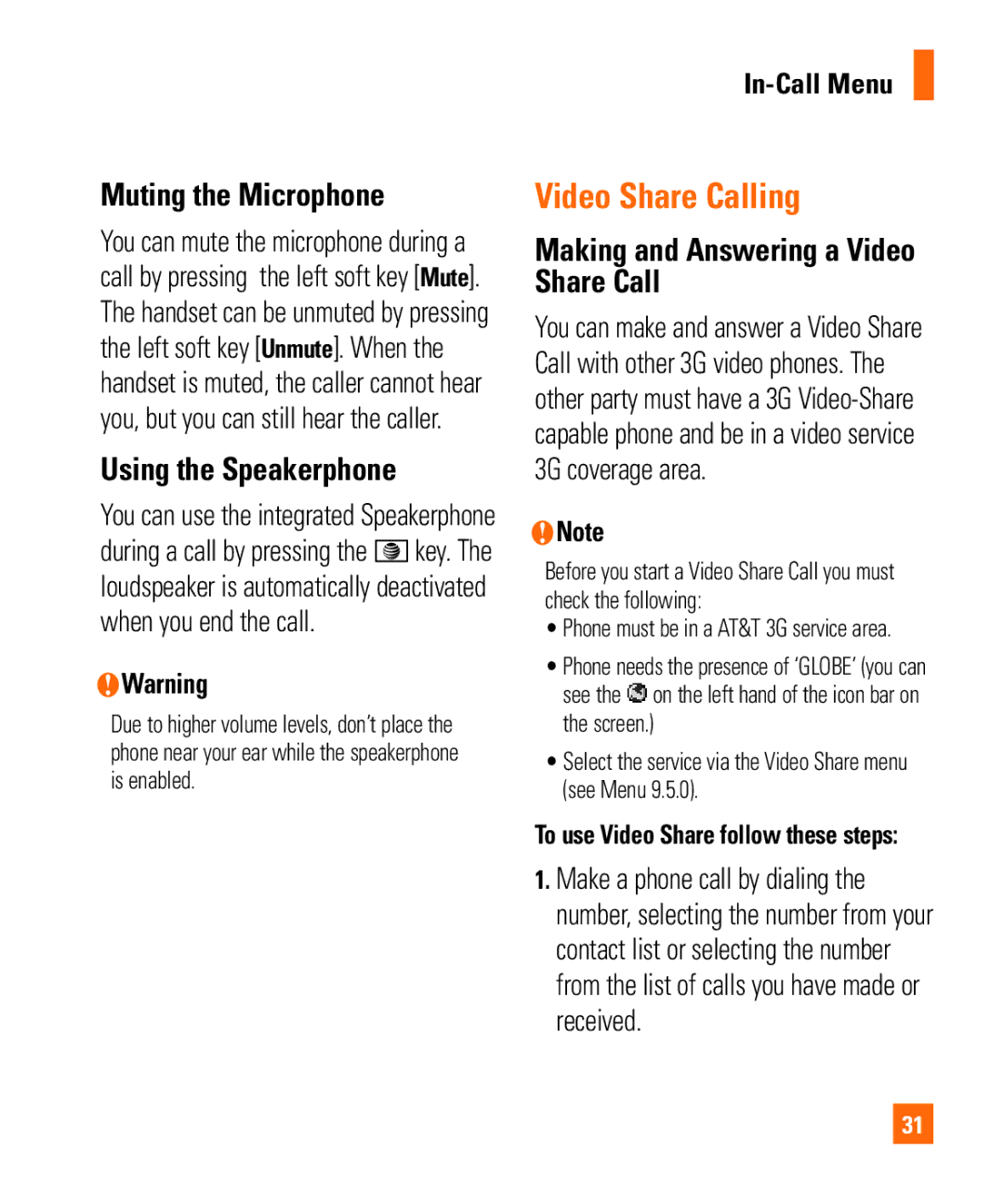 LG Electronics MMBB0294601 manual Video Share Calling, Muting the Microphone, Using the Speakerphone, In-Call Menu 