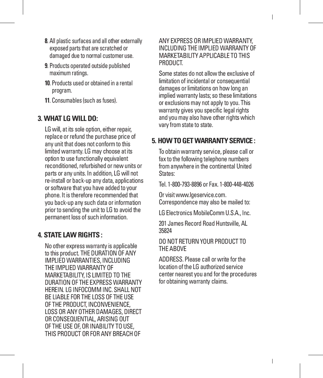 LG Electronics MMBB0294601 manual What LG will do, Consumables such as fuses 