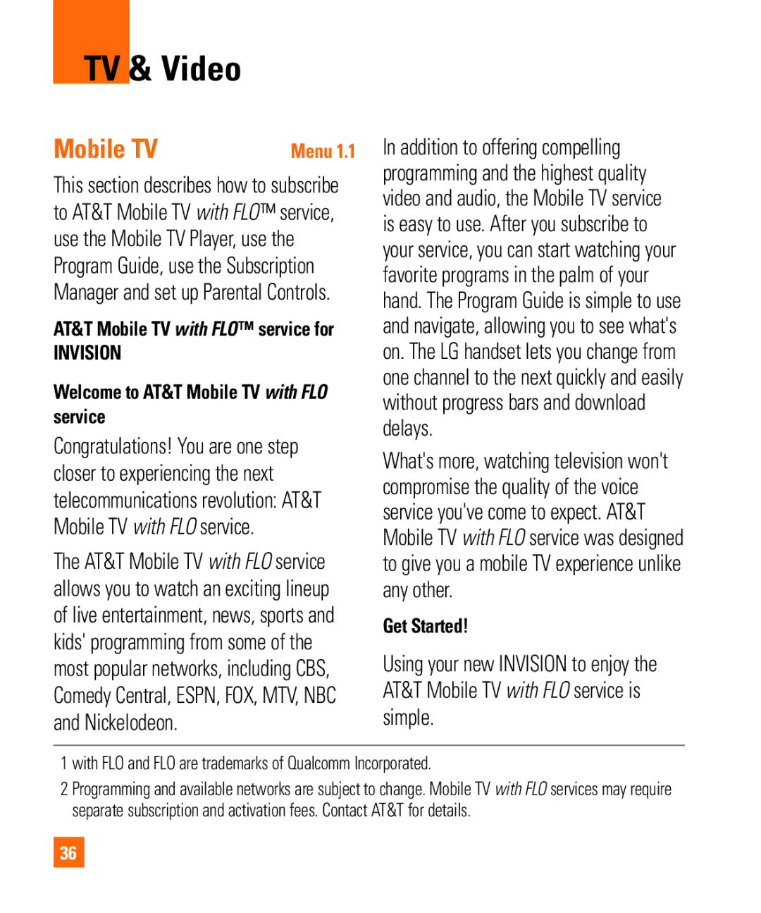 LG Electronics MMBB0294601 manual TV & Video­­, Get Started, Welco­­me to­­ AT&T Mo­­bile TV with FLO service 