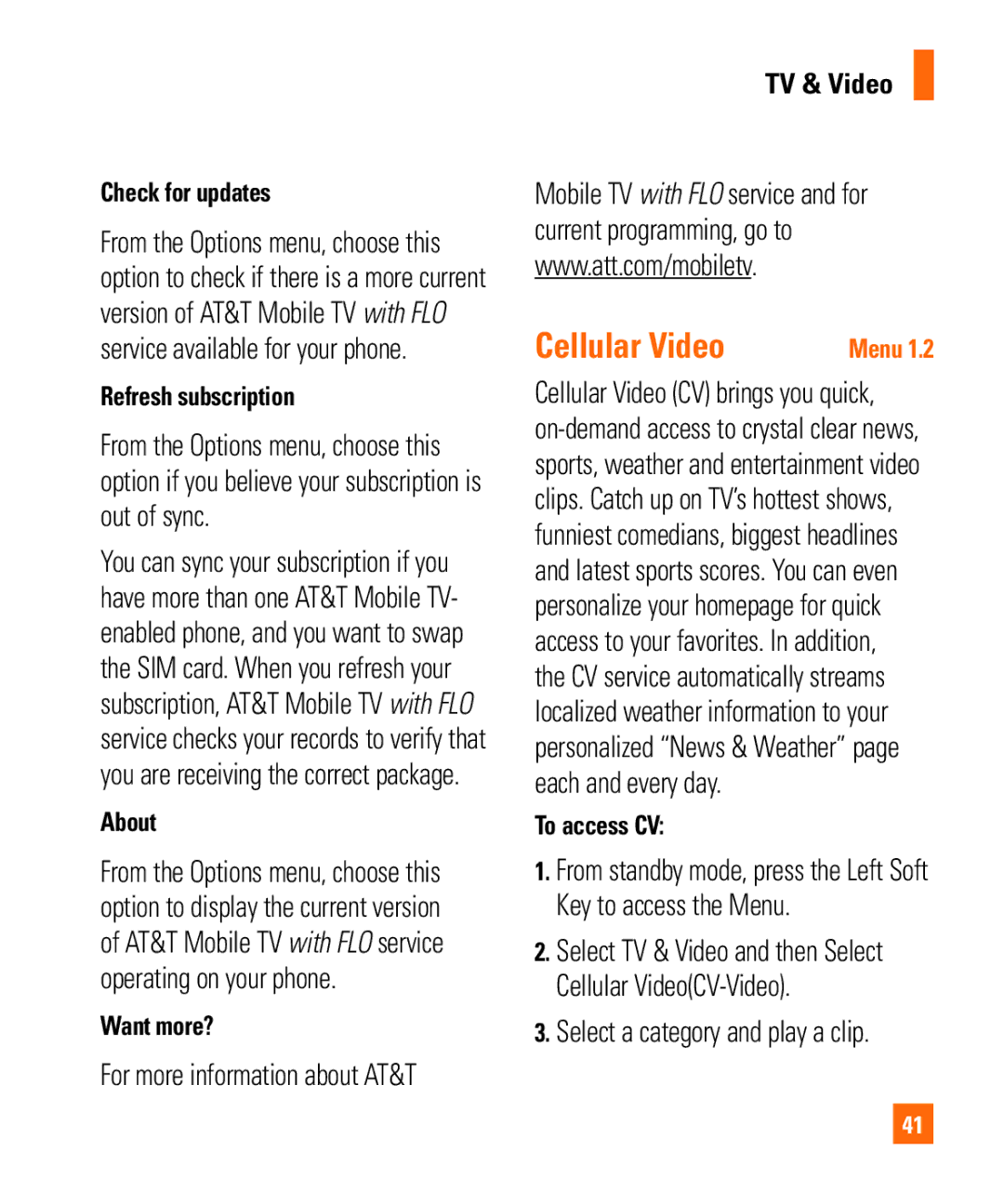 LG Electronics MMBB0294601 manual Cellular Video, For more information about AT&T, Select a category and play a clip 