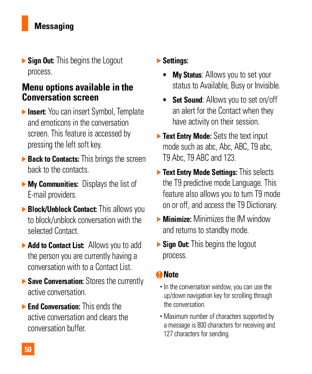 LG Electronics MMBB0294601 manual Menu options available in the Conversation screen 