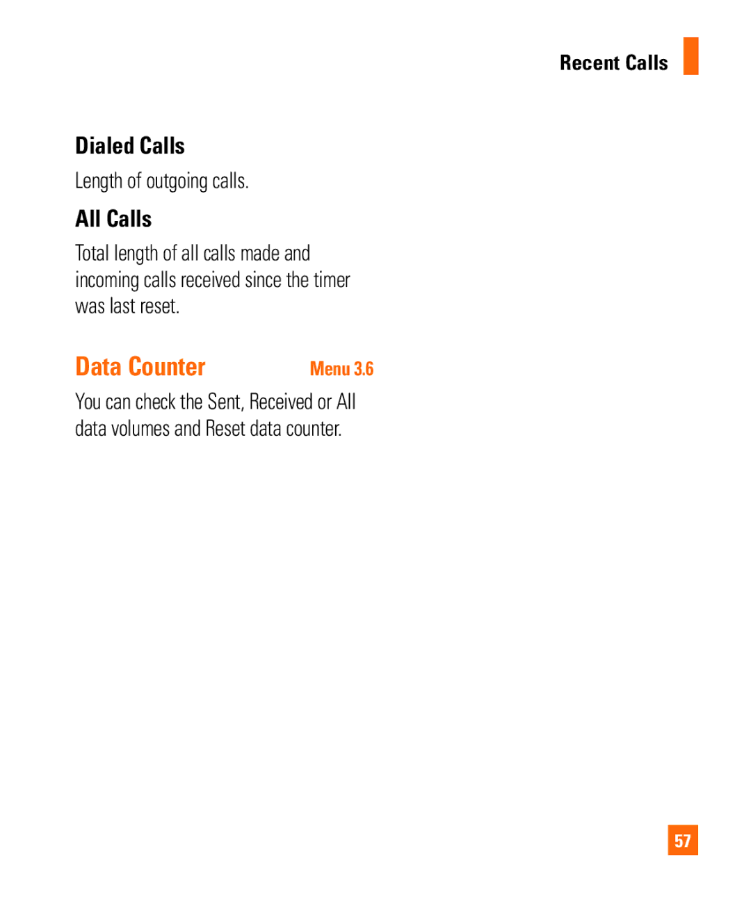 LG Electronics MMBB0294601 manual Data Counter, Dialed Calls, All Calls, Length of outgoing calls, Recent Calls 