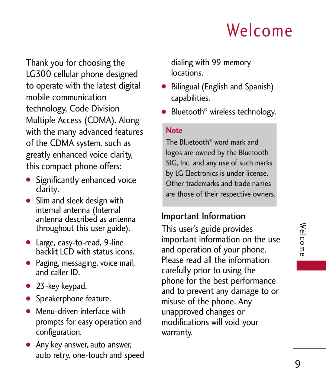 LG Electronics MMBB0301001 manual Welcome, Important Information, Significantly enhanced voice clarity 