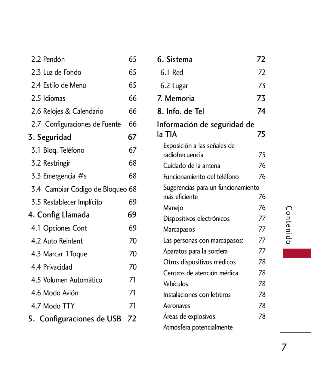 LG Electronics MMBB0301001 manual Sistema, Memoria, Info. de Tel, Seguridad La TIA, Config Llamada 