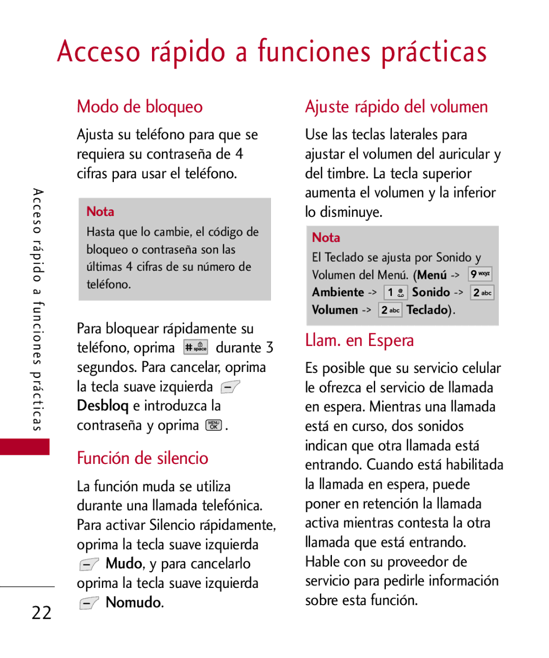 LG Electronics MMBB0301001 manual Función de silencio, Llam. en Espera, Desbloq, Nomudo 