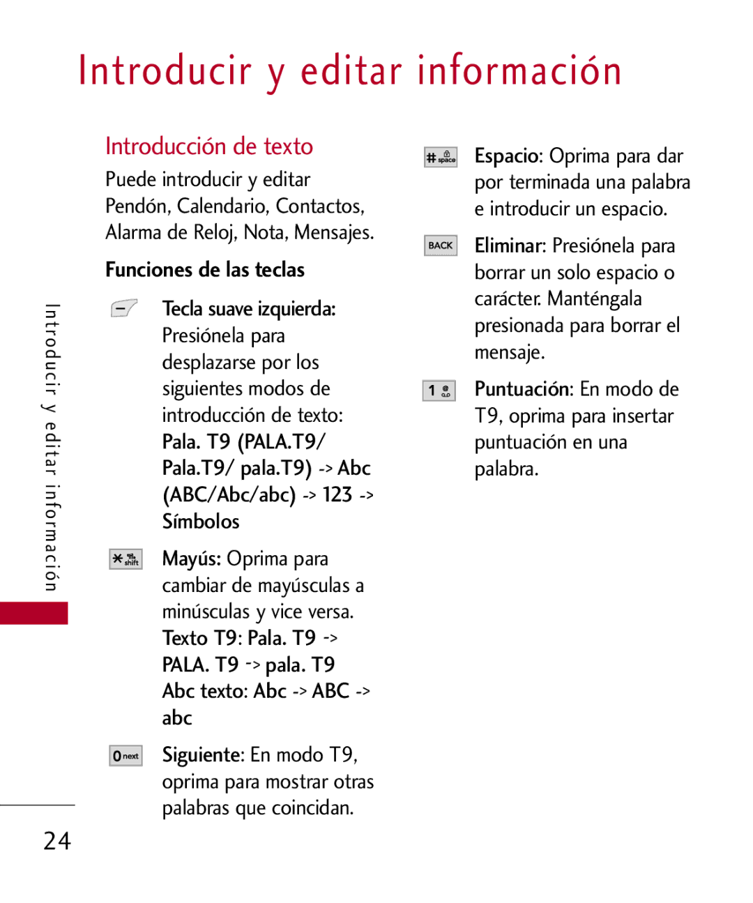 LG Electronics MMBB0301001 manual Introducir y editar información, Introducción de texto, Funciones de las teclas 