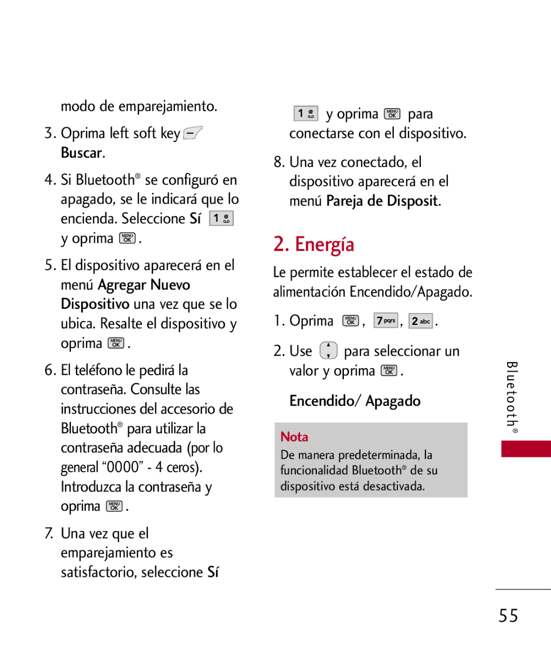 LG Electronics MMBB0301001 manual Energía, Modo de emparejamiento Oprima left soft key Buscar 