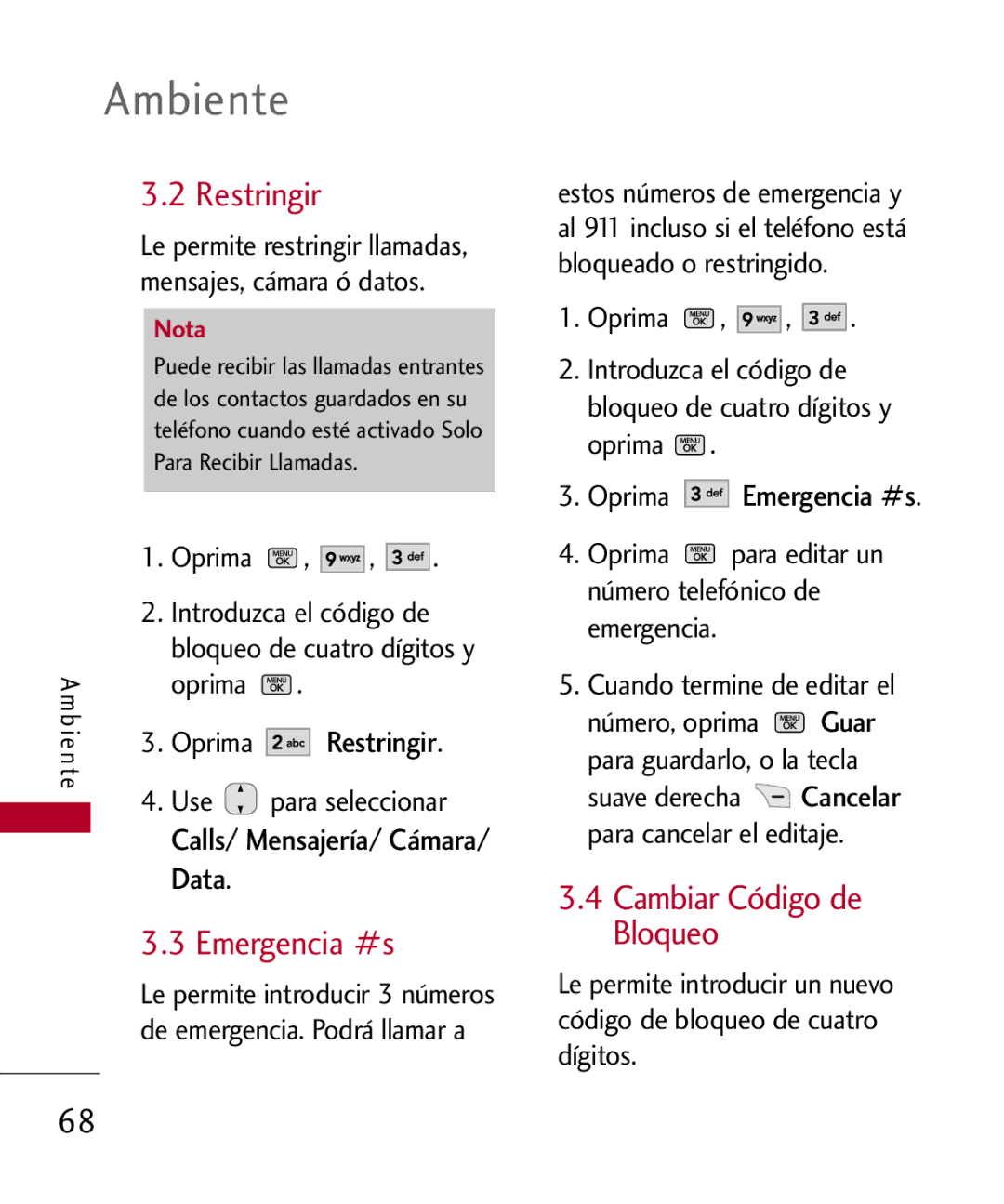 LG Electronics MMBB0301001 manual Restringir, Emergencia #s, Calls/ Mensajería/ Cámara Data 