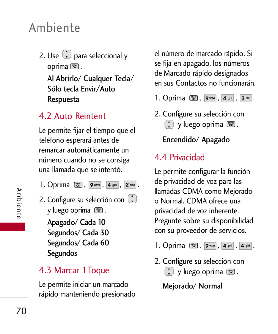 LG Electronics MMBB0301001 manual Auto Reintent, Marcar 1Toque, Privacidad 