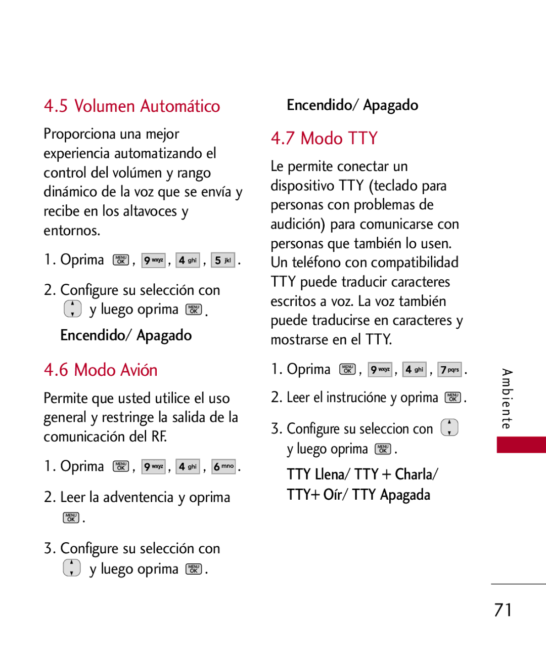 LG Electronics MMBB0301001 manual Volumen Automático, Modo Avión, Modo TTY, Configure su selección con Luego oprima 