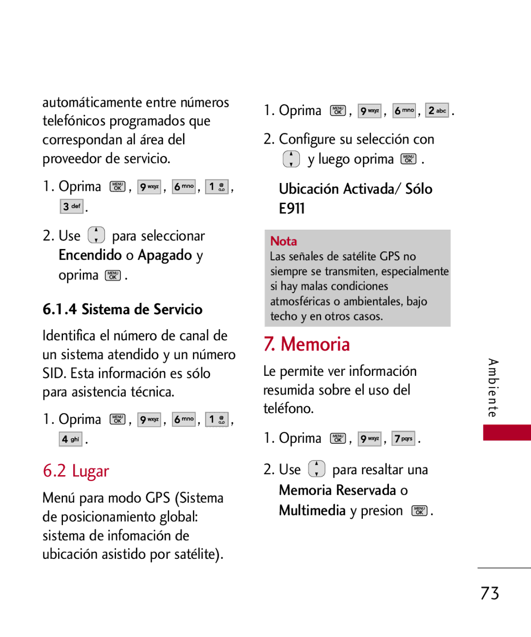 LG Electronics MMBB0301001 manual Memoria, Lugar, Sistema de Servicio, Ubicación Activada/ Sólo E911 