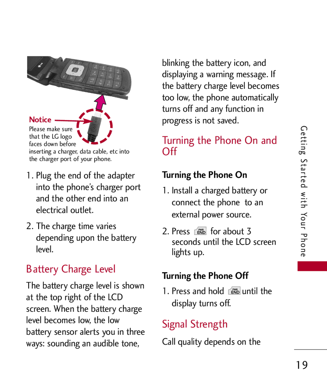 LG Electronics MMBB0301001 Battery Charge Level, Turning the Phone On and Off, Signal Strength, Turning the Phone Off 