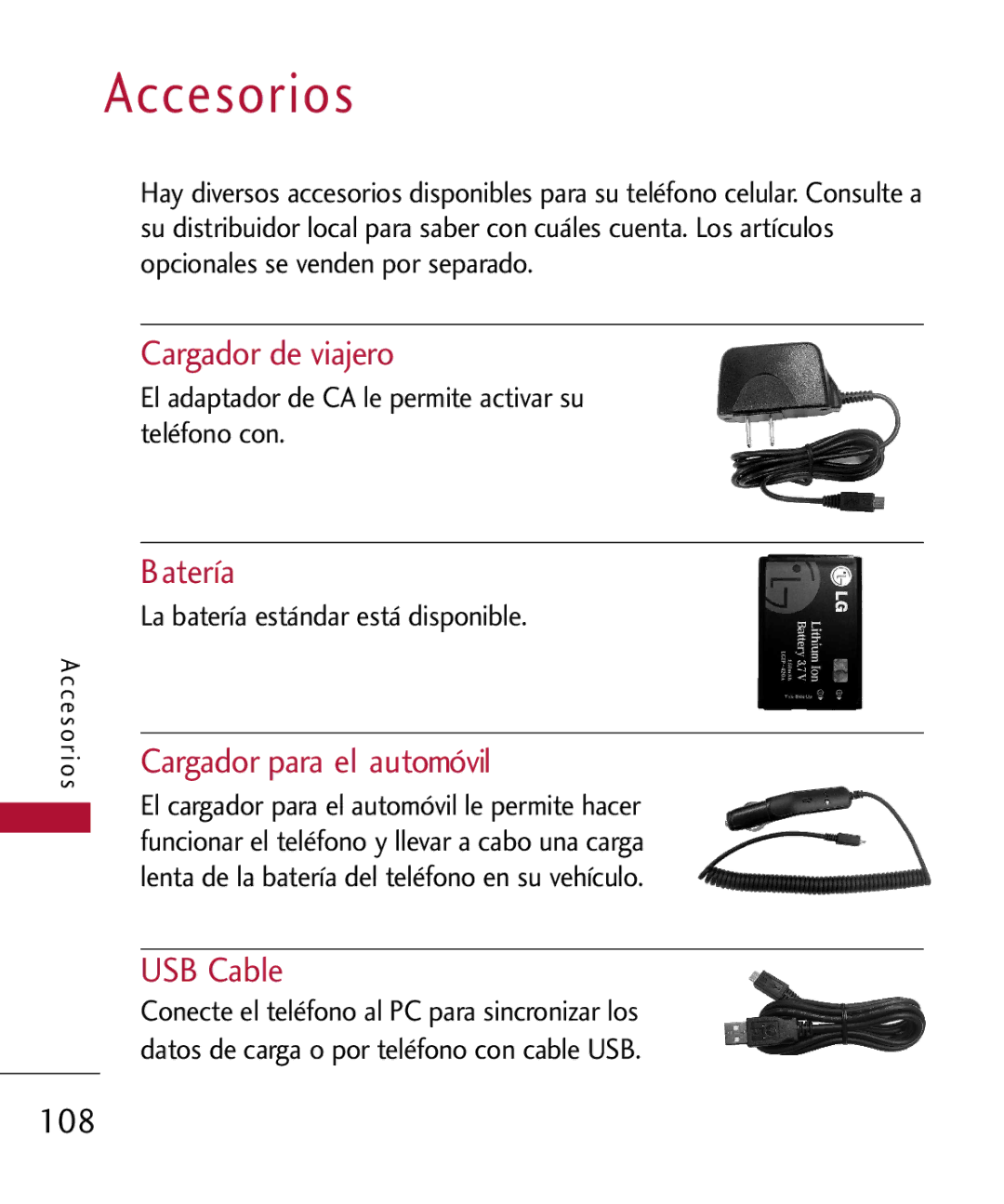 LG Electronics MMBB0301001 manual Accesorios, Cargador de viajero, Batería, Cargador para el automóvil 