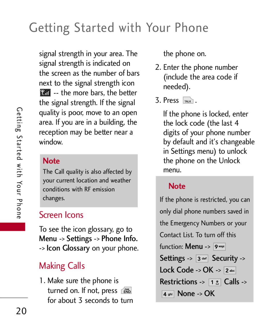 LG Electronics MMBB0301001 Getting Started with Your Phone, Screen Icons, Making Calls, To see the icon glossary, go to 