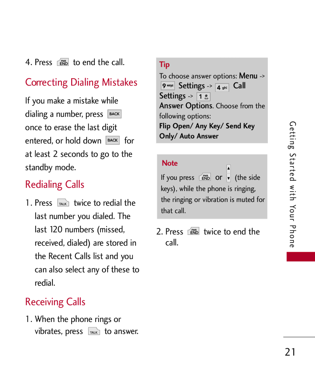 LG Electronics MMBB0301001 manual Redialing Calls, Receiving Calls 