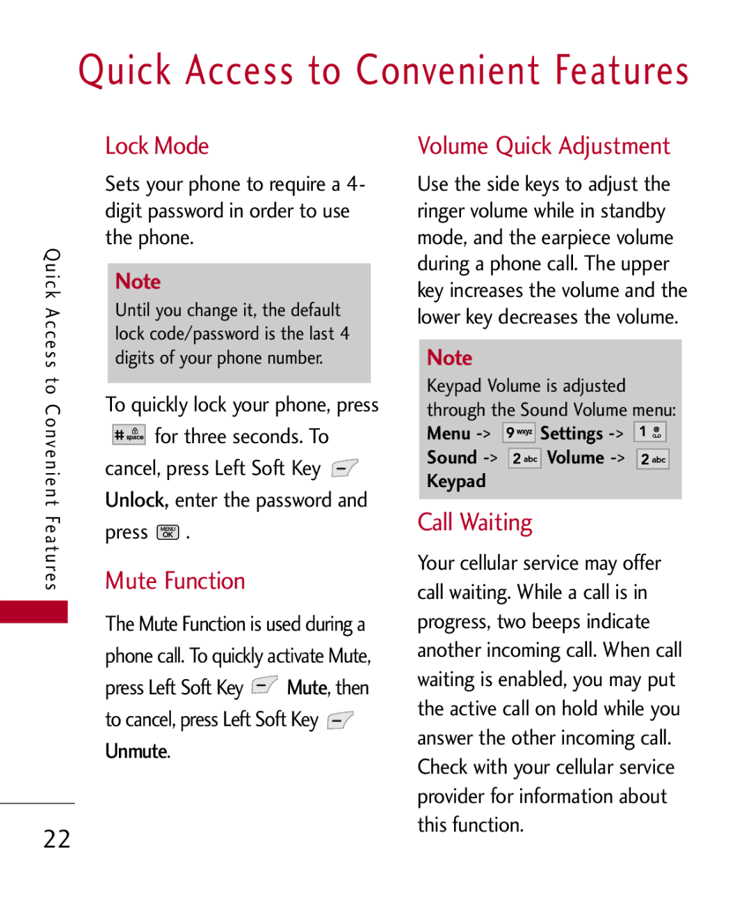 LG Electronics MMBB0301001 manual Lock Mode, Mute, Function, Call Waiting 