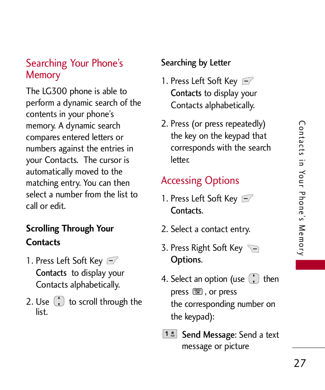 LG Electronics MMBB0301001 manual Searching Your Phone’s Memory, Accessing Options, Scrolling Through Your Contacts 