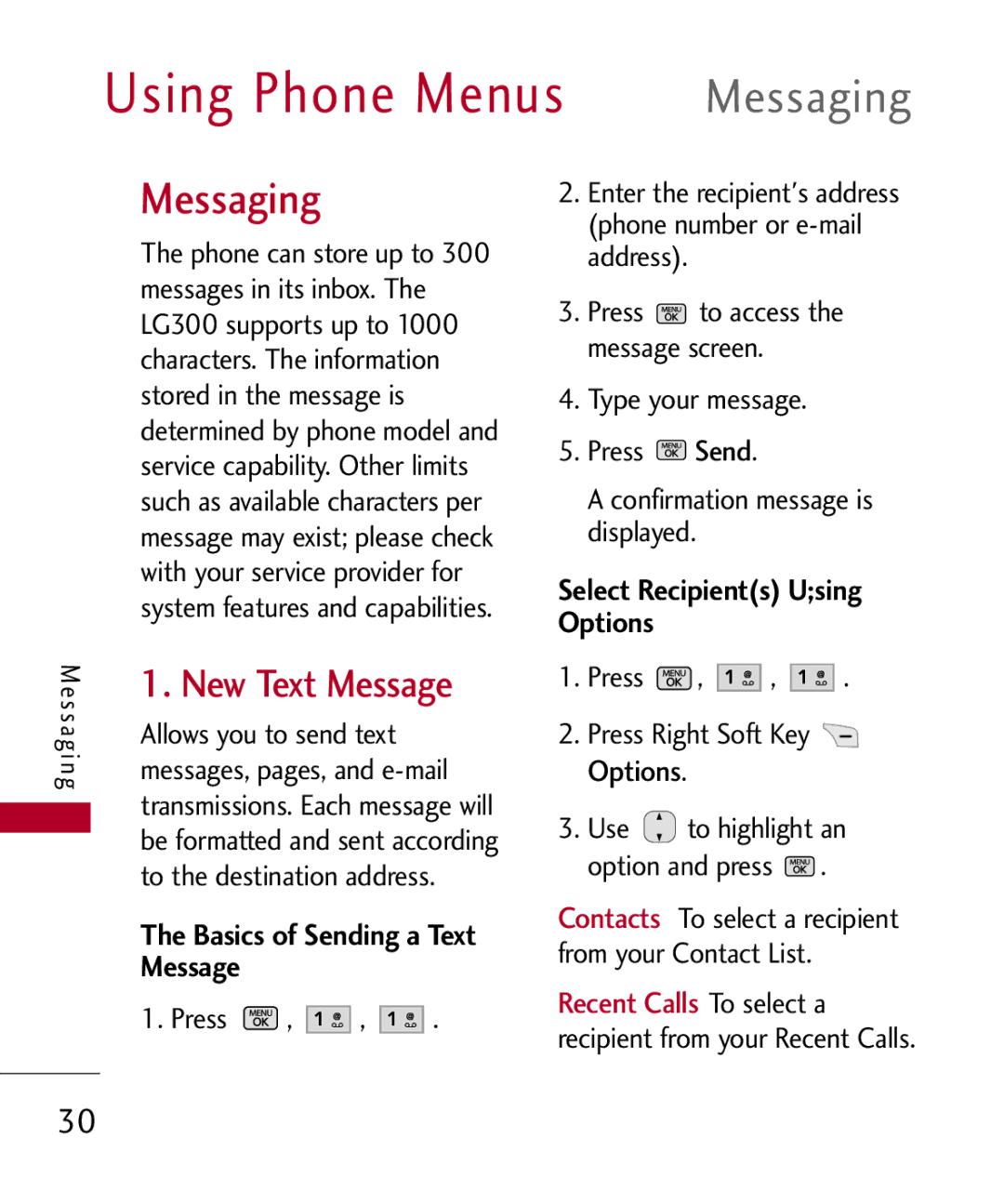 LG Electronics MMBB0301001 manual Using Phone Menus, New Text Message, Basics of Sending a Text Message 