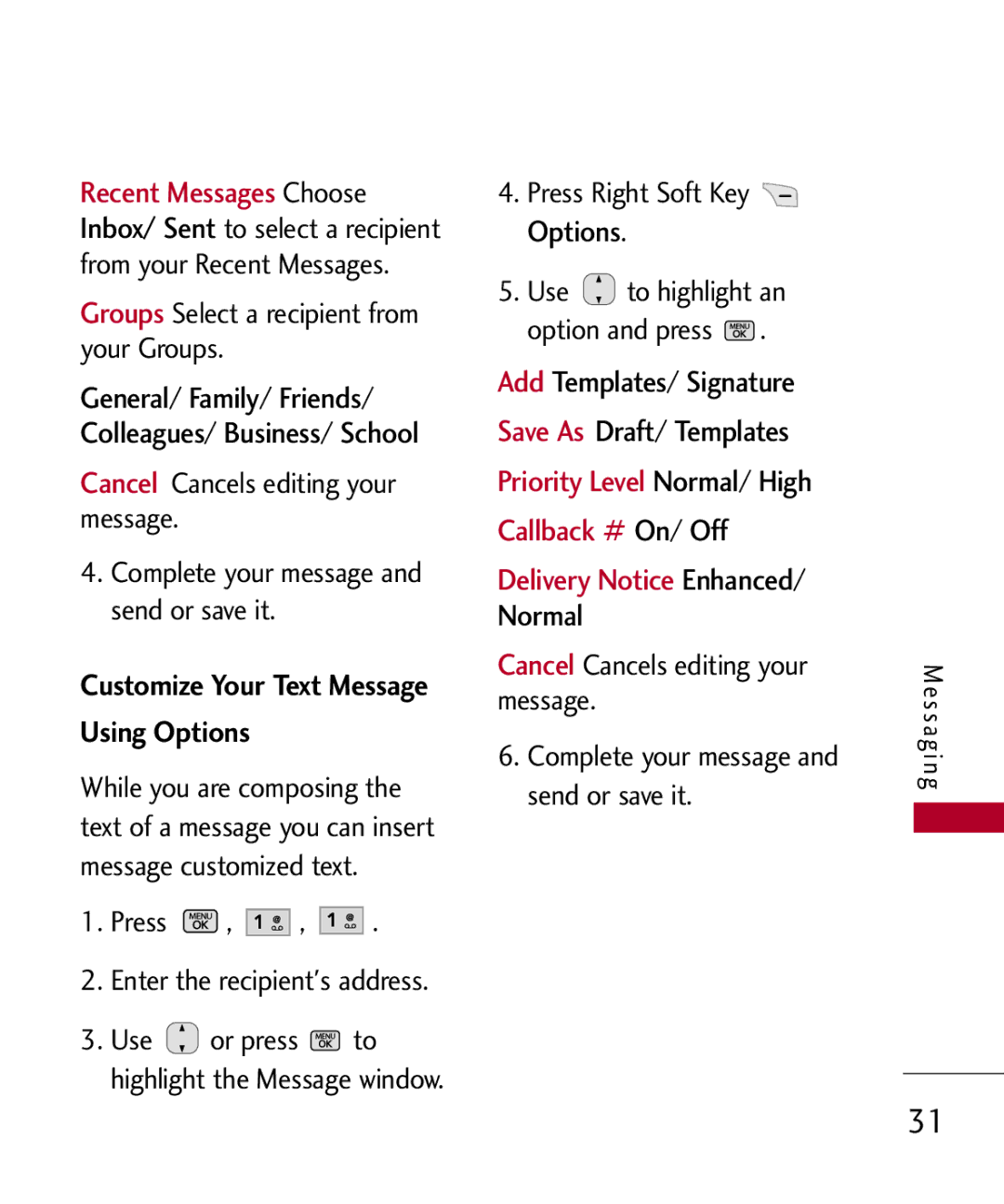 LG Electronics MMBB0301001 manual Using Options, Add Templates/ Signature Save As Draft/ Templates, Normal 