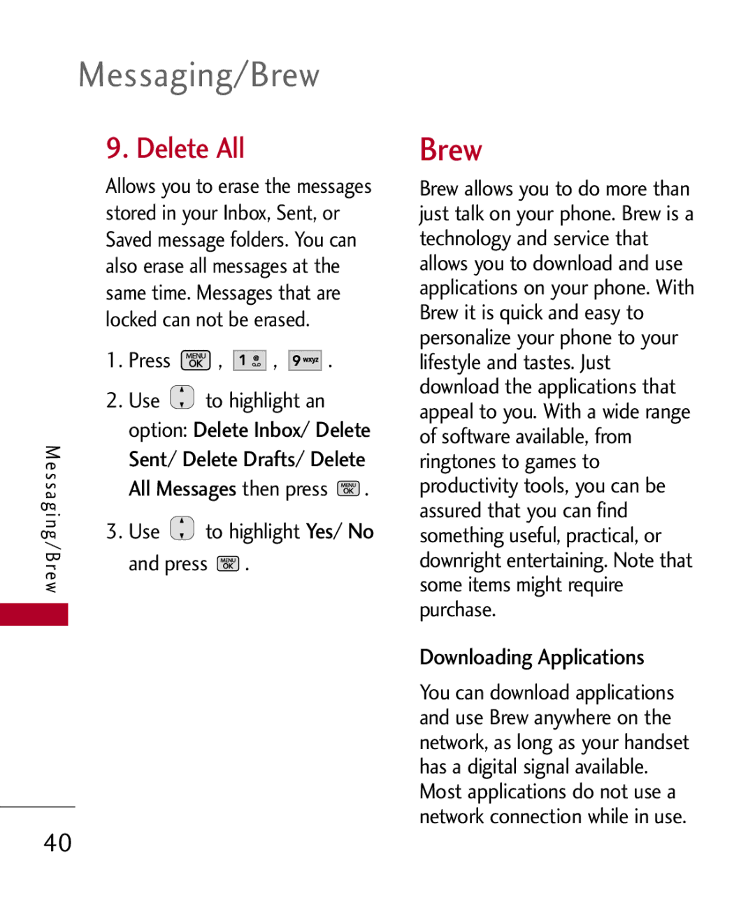 LG Electronics MMBB0301001 manual Messaging/Brew, Delete All, Yes, Downloading Applications 