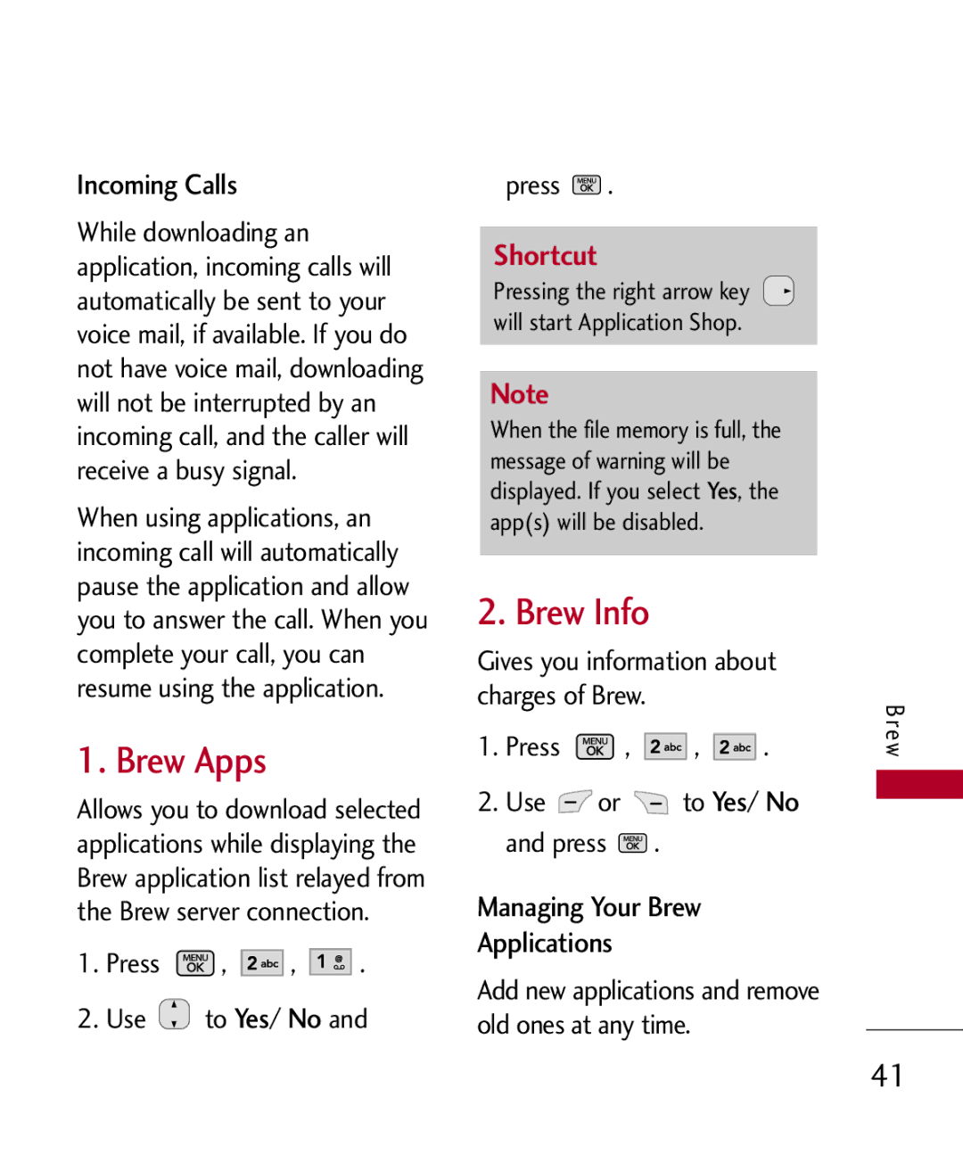 LG Electronics MMBB0301001 Brew Apps, Brew Info, Incoming Calls, Managing Your Brew Applications, Press Use to Yes/ No 