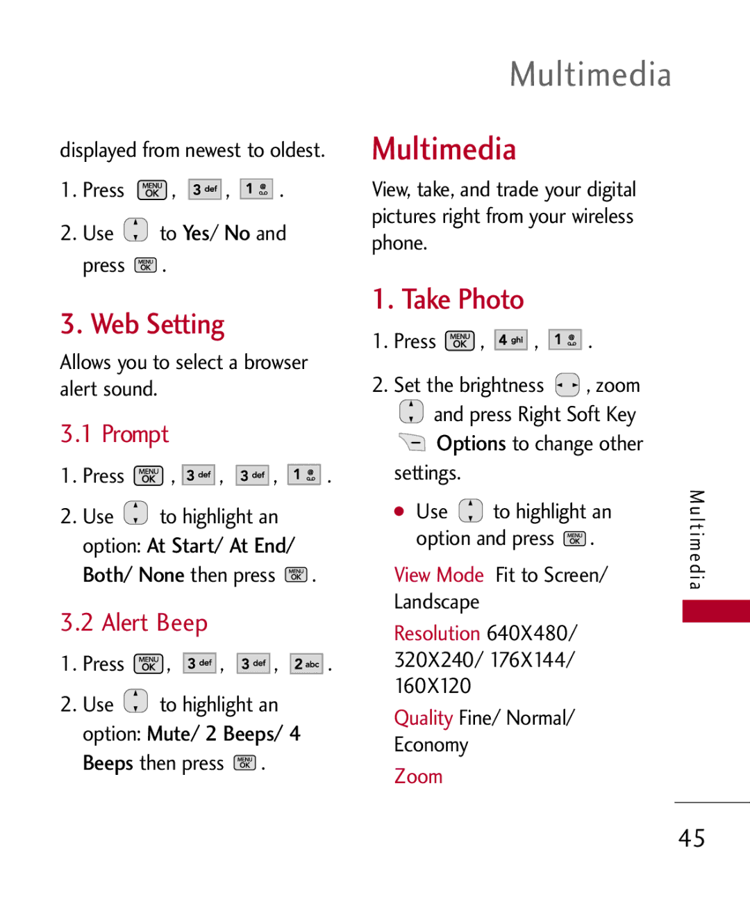 LG Electronics MMBB0301001 manual Multimedia, Web Setting, Take Photo, Prompt, Alert Beep 