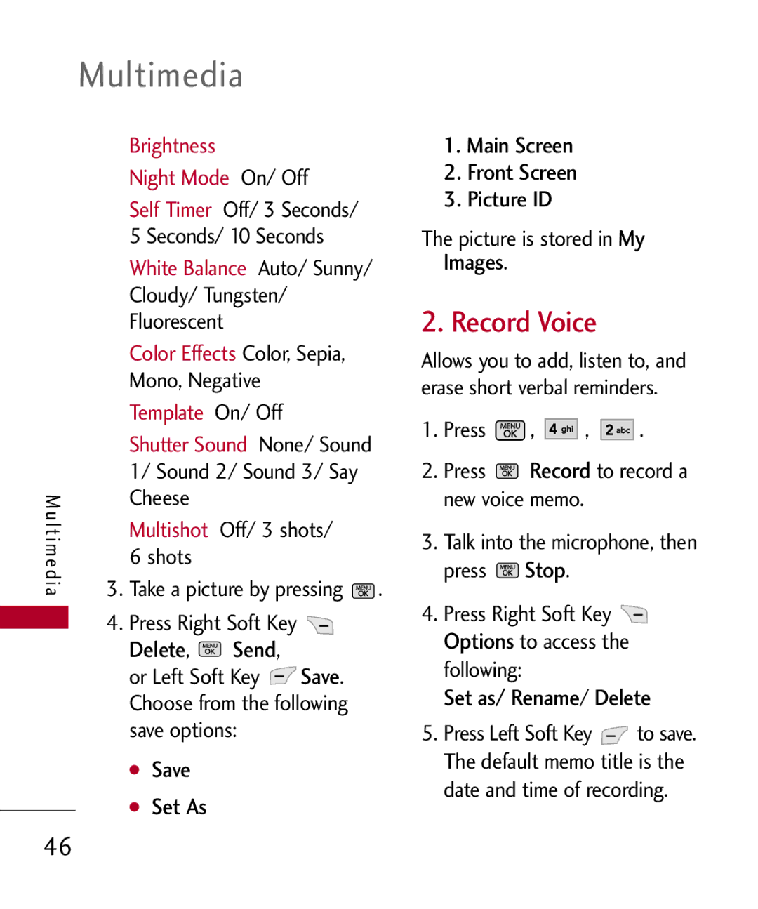 LG Electronics MMBB0301001 manual Record Voice, Delete Send, Save Set As Main Screen Front Screen Picture ID, Images 