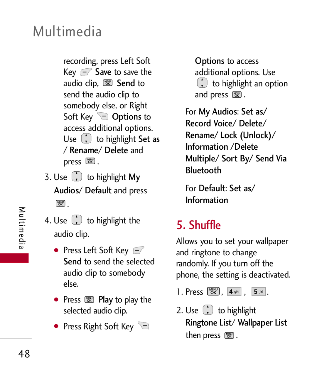 LG Electronics MMBB0301001 manual Shuffle, Save, Rename Delete, Audios, For Default Set as Information 