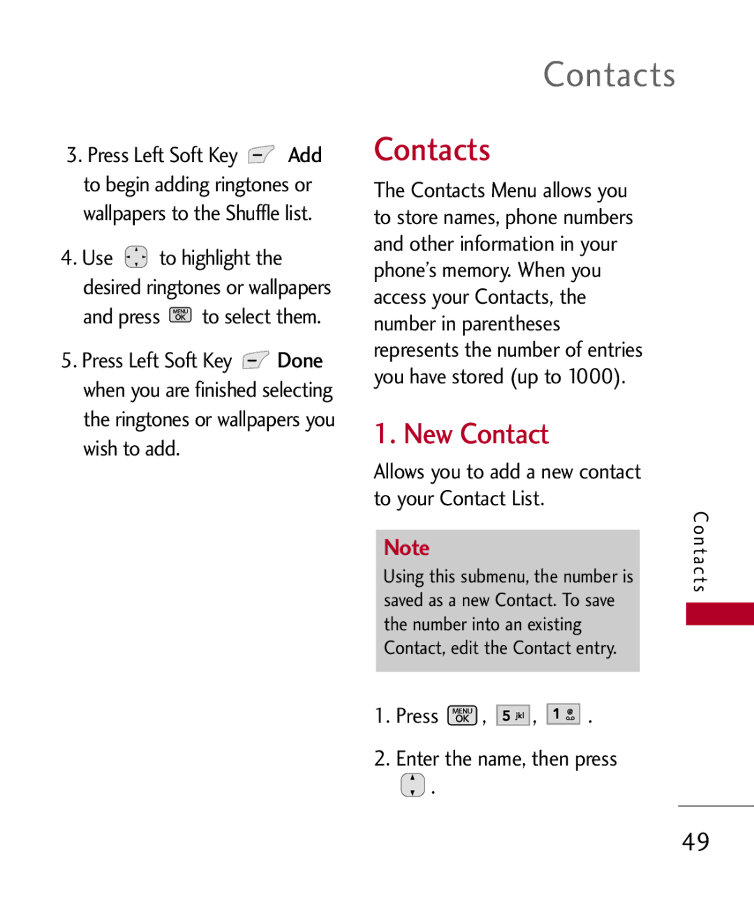 LG Electronics MMBB0301001 manual Contacts, New Contact, Allows you to add a new contact to your Contact List 