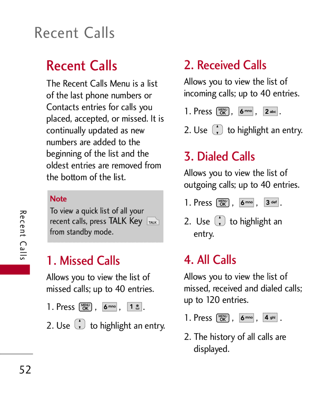 LG Electronics MMBB0301001 manual Recent Calls, Missed Calls, Received Calls, Dialed Calls, All Calls 