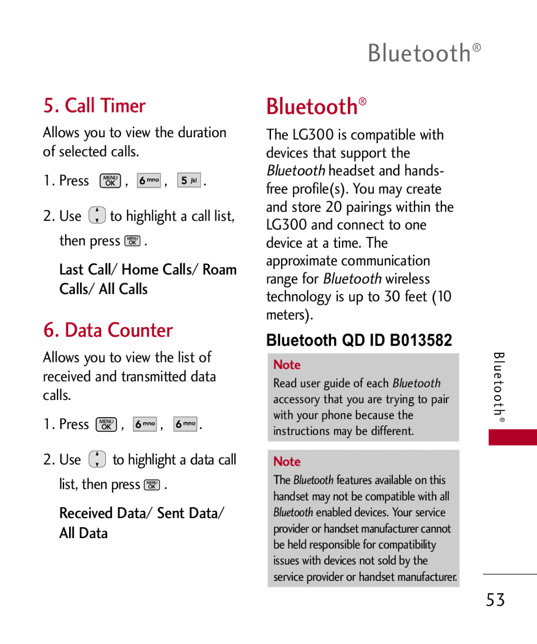 LG Electronics MMBB0301001 manual Call Timer, Data Counter, Bluetooth QD ID B013582 