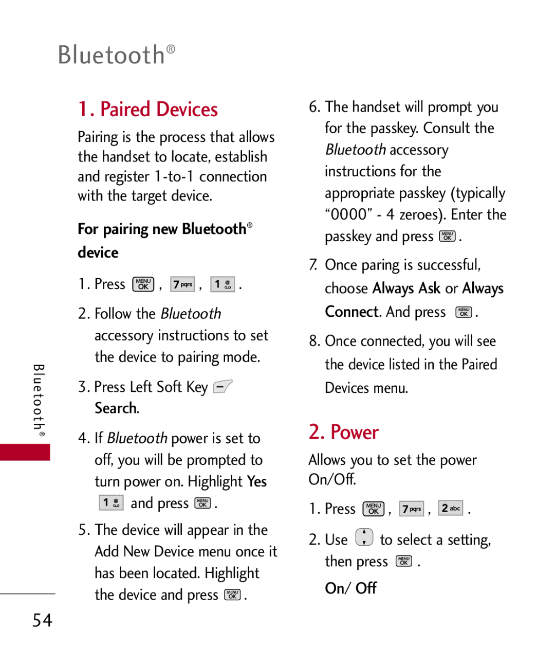 LG Electronics MMBB0301001 manual Paired Devices, Power, For pairing new Bluetooth device, On/ Off 