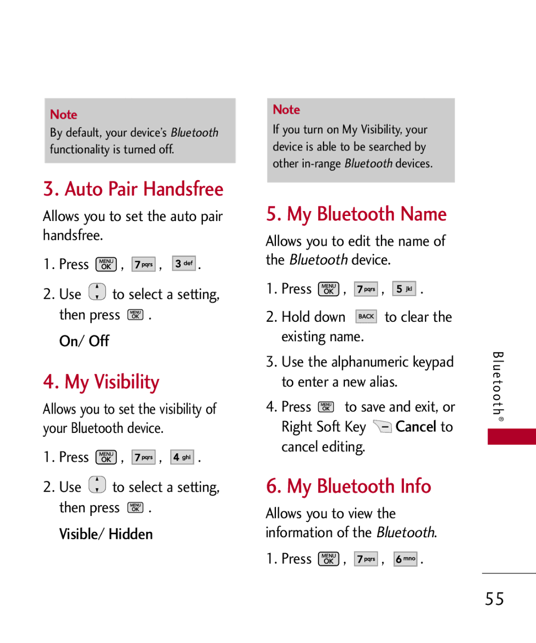 LG Electronics MMBB0301001 manual Auto Pair Handsfree, My Visibility, My Bluetooth Name, My Bluetooth Info, Visible/ Hidden 