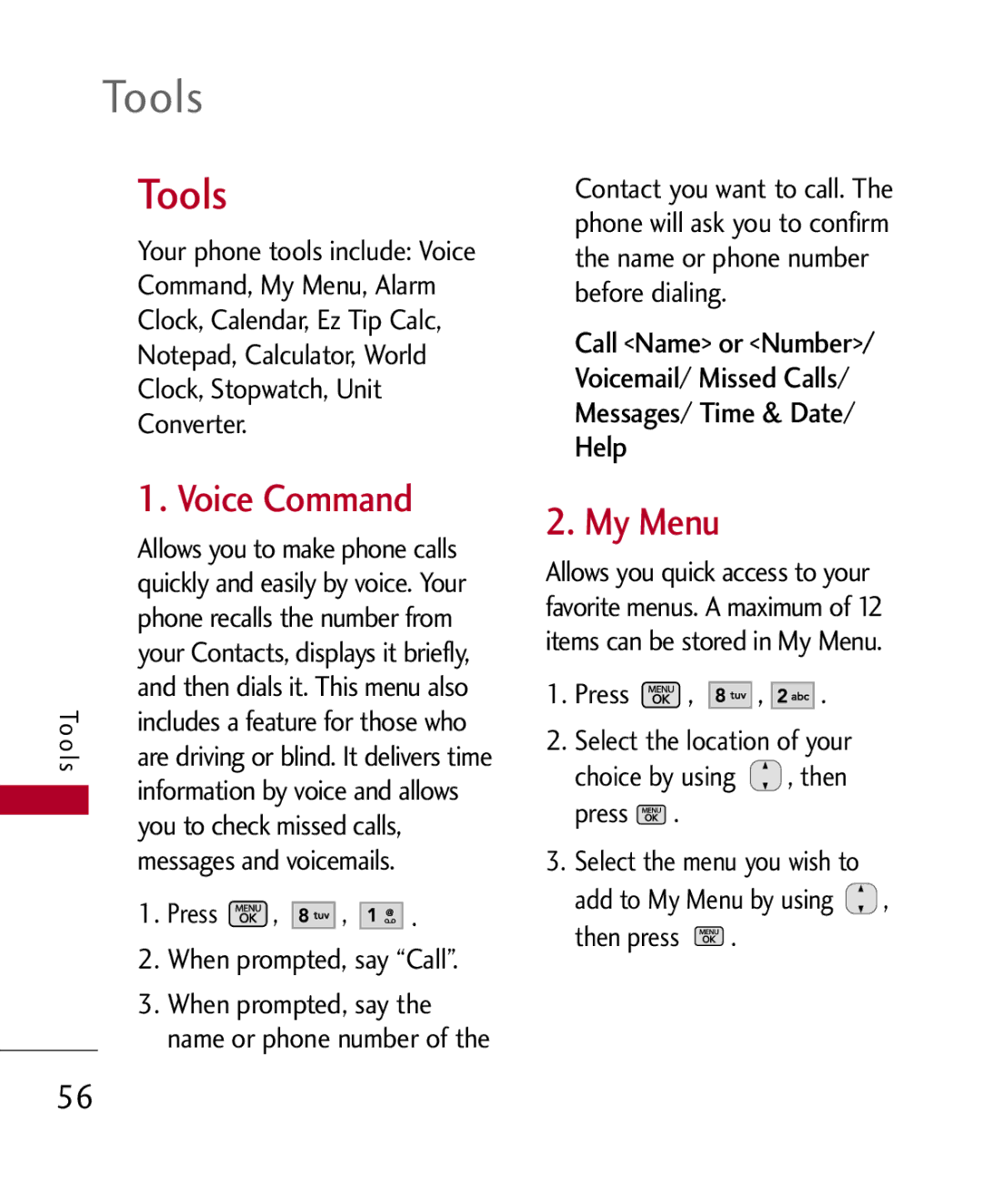 LG Electronics MMBB0301001 manual Tools, Voice Command, My Menu 