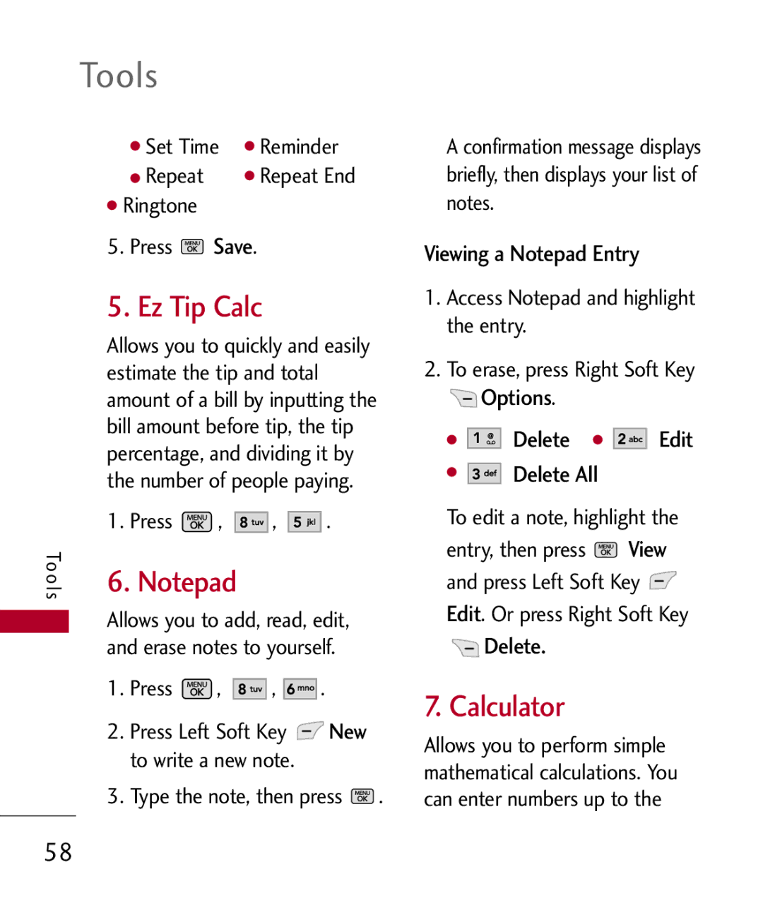 LG Electronics MMBB0301001 manual Ez Tip Calc, Calculator, Viewing a Notepad Entry, Options Delete Edit Delete All 