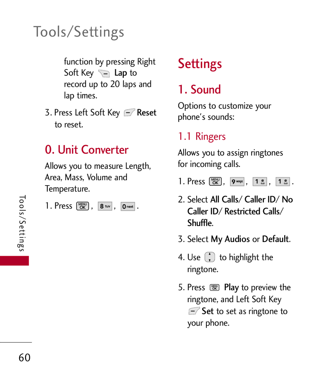 LG Electronics MMBB0301001 manual Tools/Settings, Unit Converter, Sound, Ringers, Select My Audios or Default 