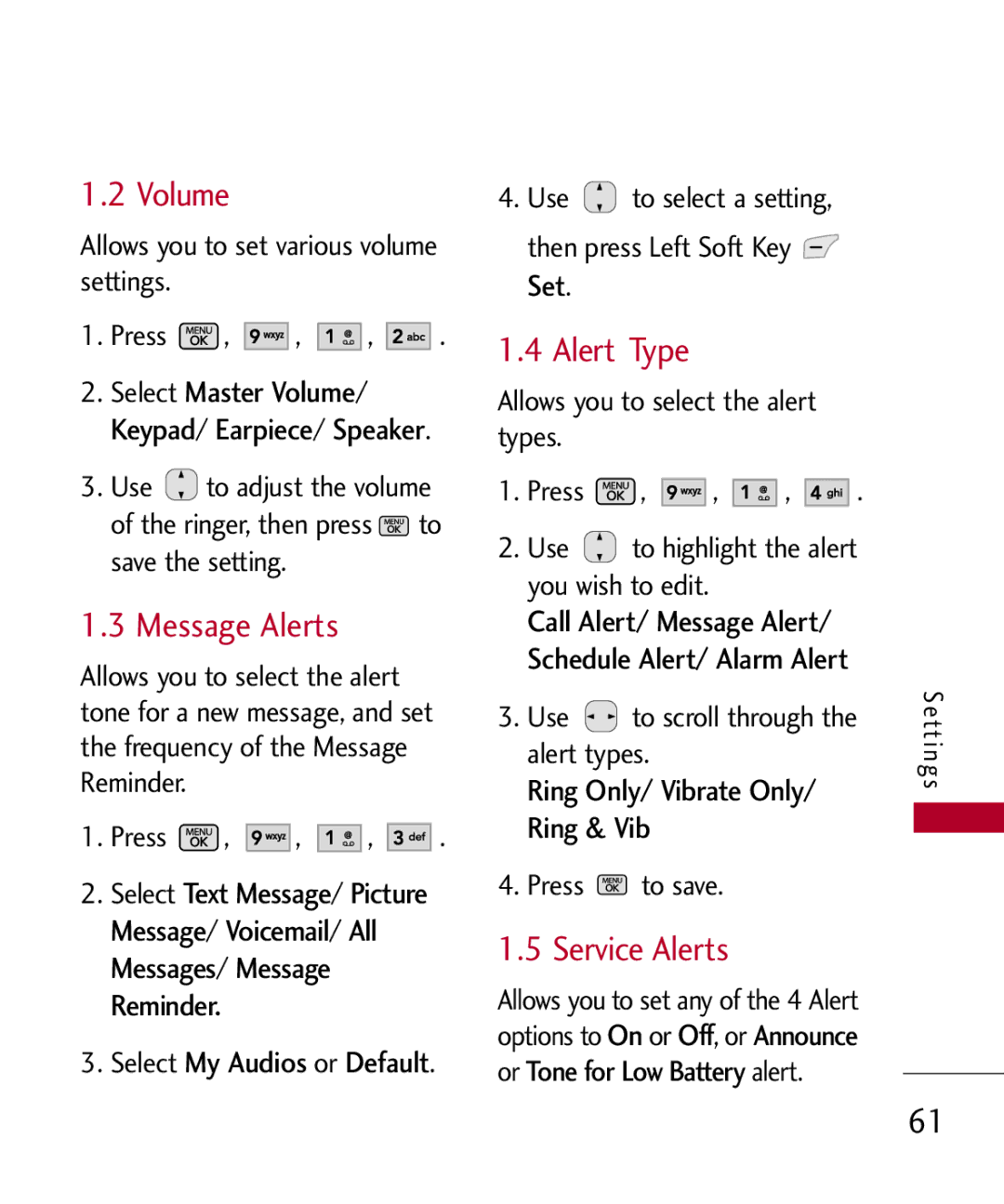 LG Electronics MMBB0301001 manual Volume, Message Alerts, Alert Type, Service Alerts, Ring Only/ Vibrate Only/ Ring & Vib 