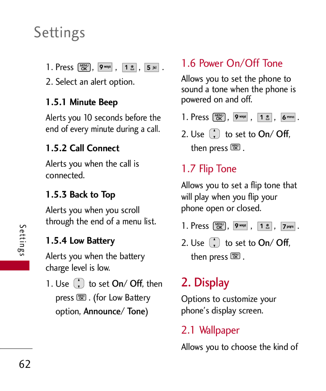 LG Electronics MMBB0301001 manual Settings, Display, Flip Tone, Wallpaper 