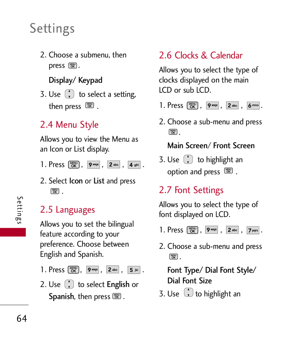 LG Electronics MMBB0301001 manual Menu Style, Clocks & Calendar, Font Settings, Display/ Keypad, Main Screen/ Front Screen 