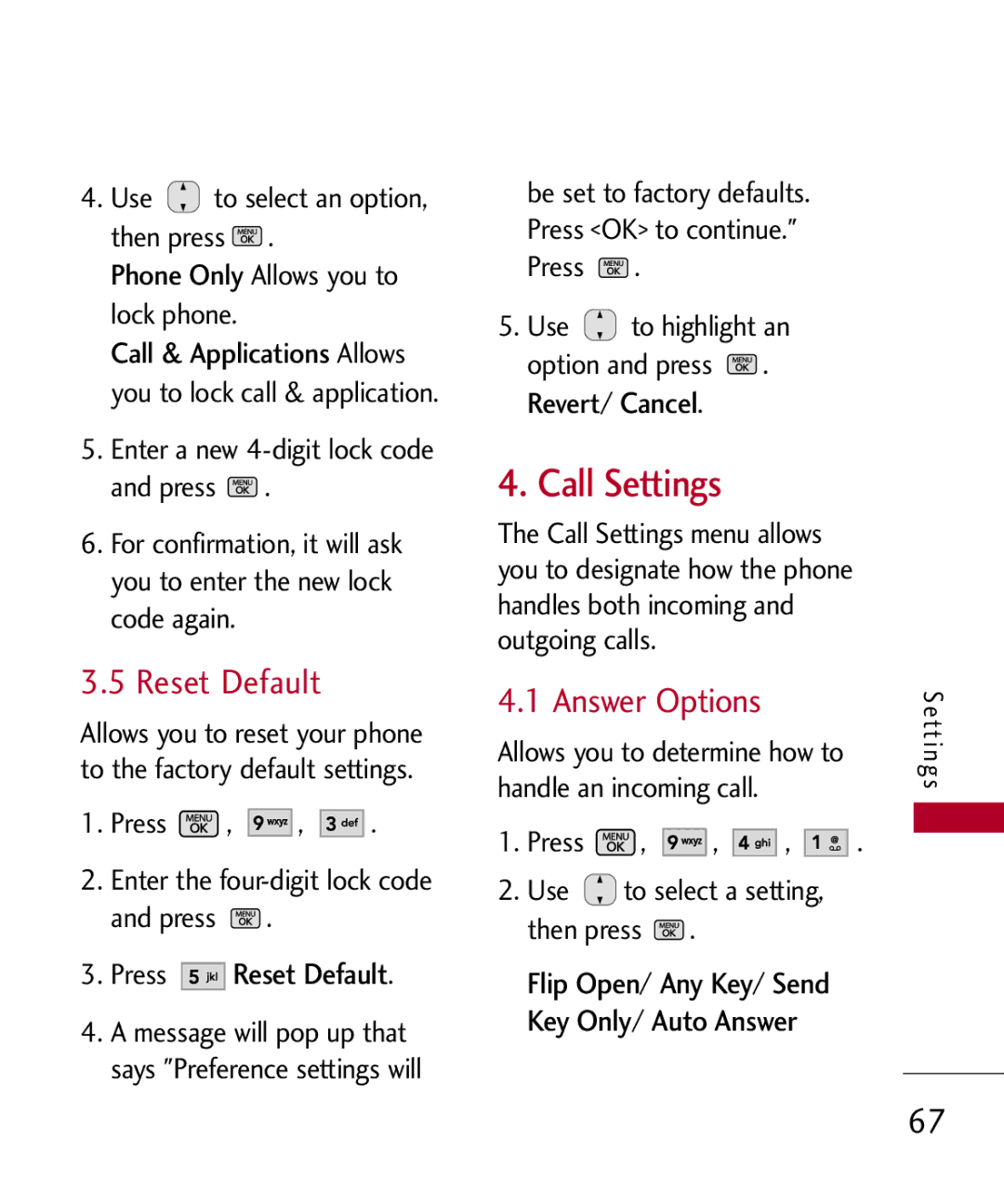 LG Electronics MMBB0301001 manual Call Settings, Answer Options, Press Reset Default 