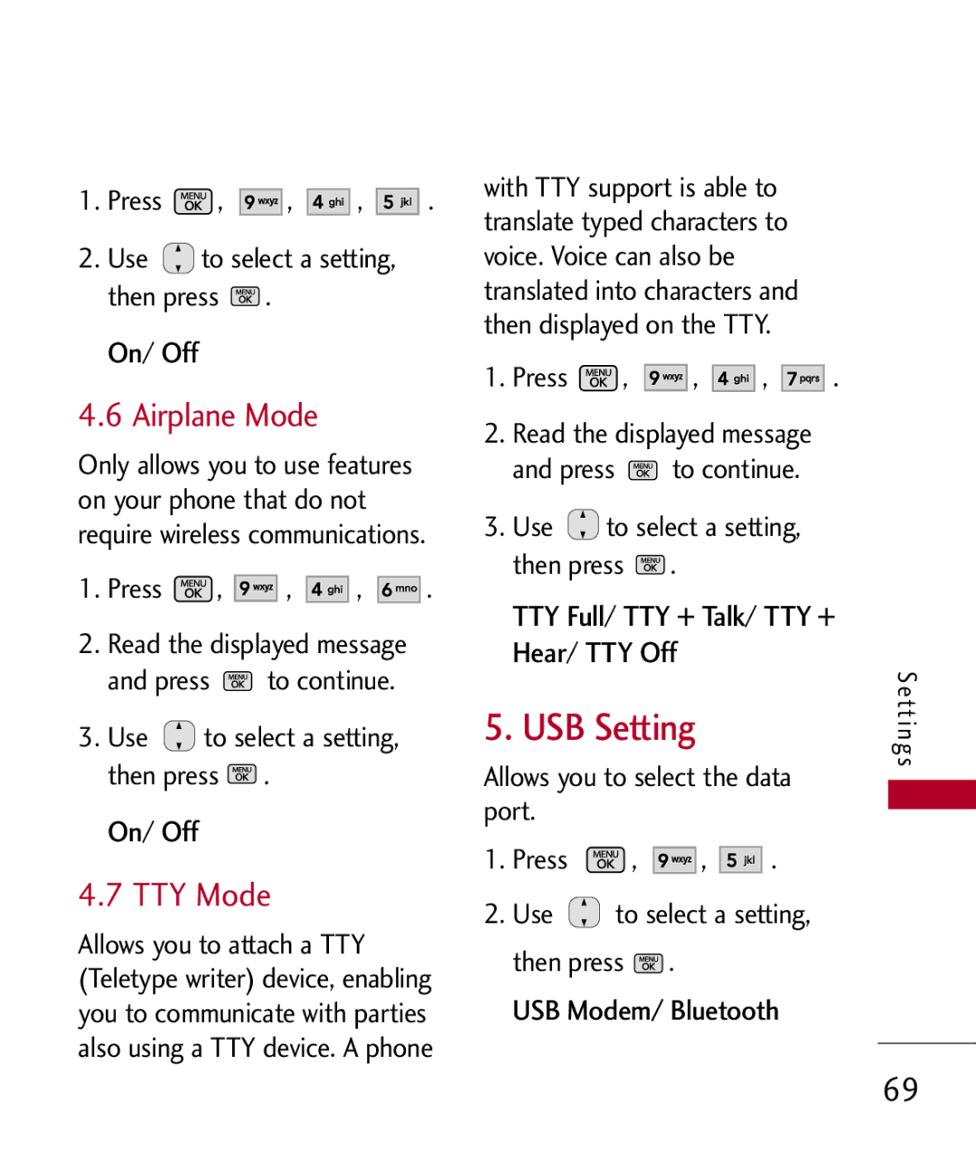 LG Electronics MMBB0301001 manual USB Setting, Airplane Mode, TTY Mode, TTY Full/ TTY + Talk/ TTY + Hear/ TTY Off 