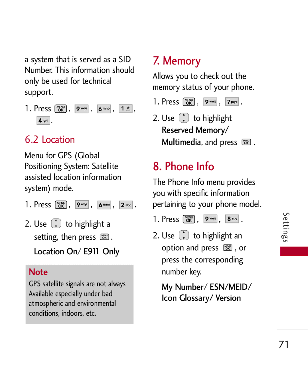 LG Electronics MMBB0301001 manual Memory, Phone Info, Location 