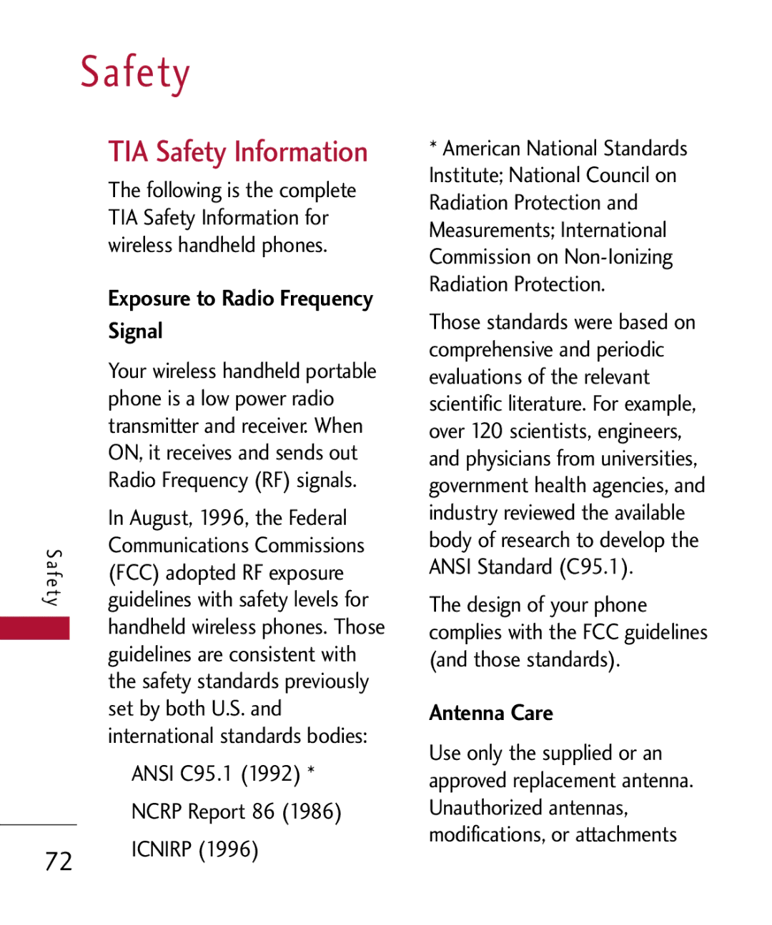 LG Electronics MMBB0301001 manual TIA Safety Information, Signal, Antenna Care 