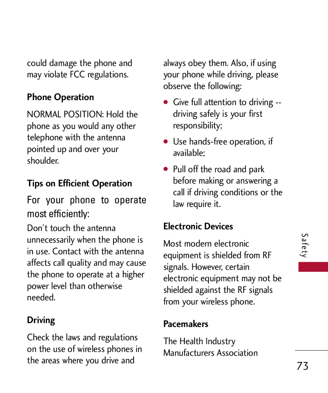 LG Electronics MMBB0301001 manual Phone Operation, Tips on Efficient Operation, Driving, Electronic Devices, Pacemakers 