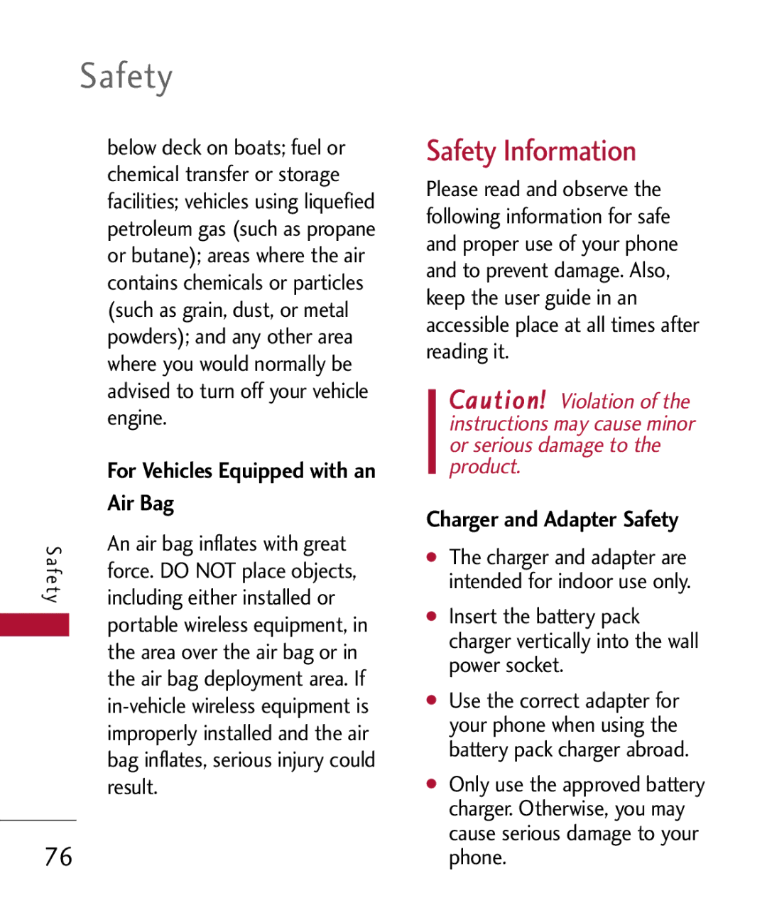 LG Electronics MMBB0301001 manual Safety Information, Air Bag, Charger and Adapter Safety 