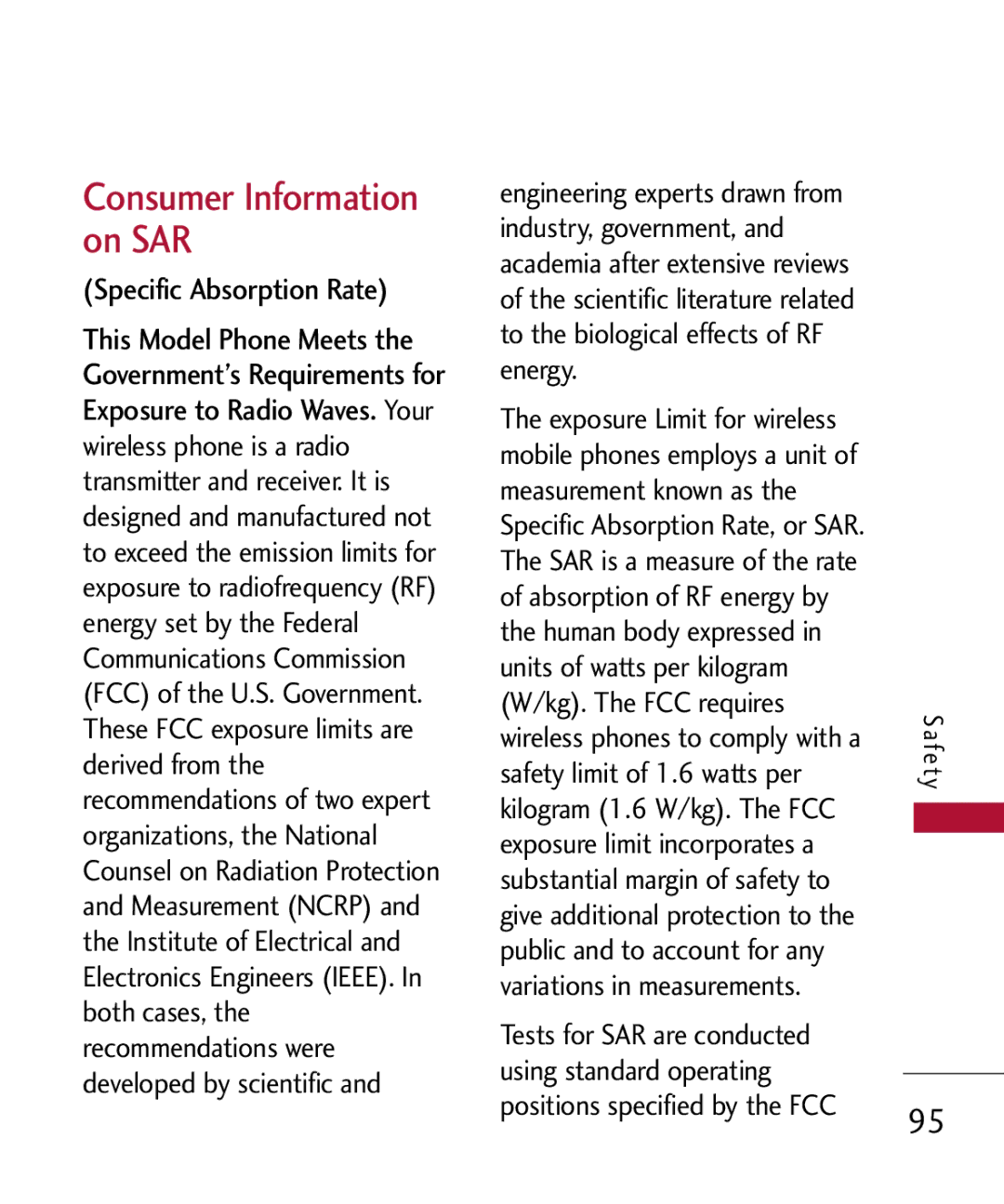 LG Electronics MMBB0301001 manual Consumer Information on SAR, Specific Absorption Rate 