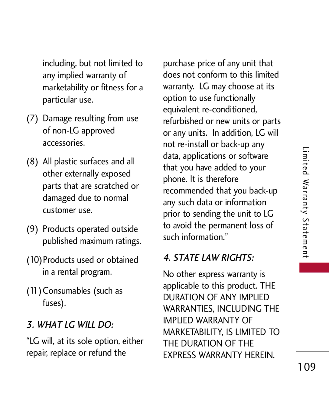 LG Electronics MMBB0309801(1.0) H Damage resulting from use of non-LG approved accessories, 11Consumables such as fuses 