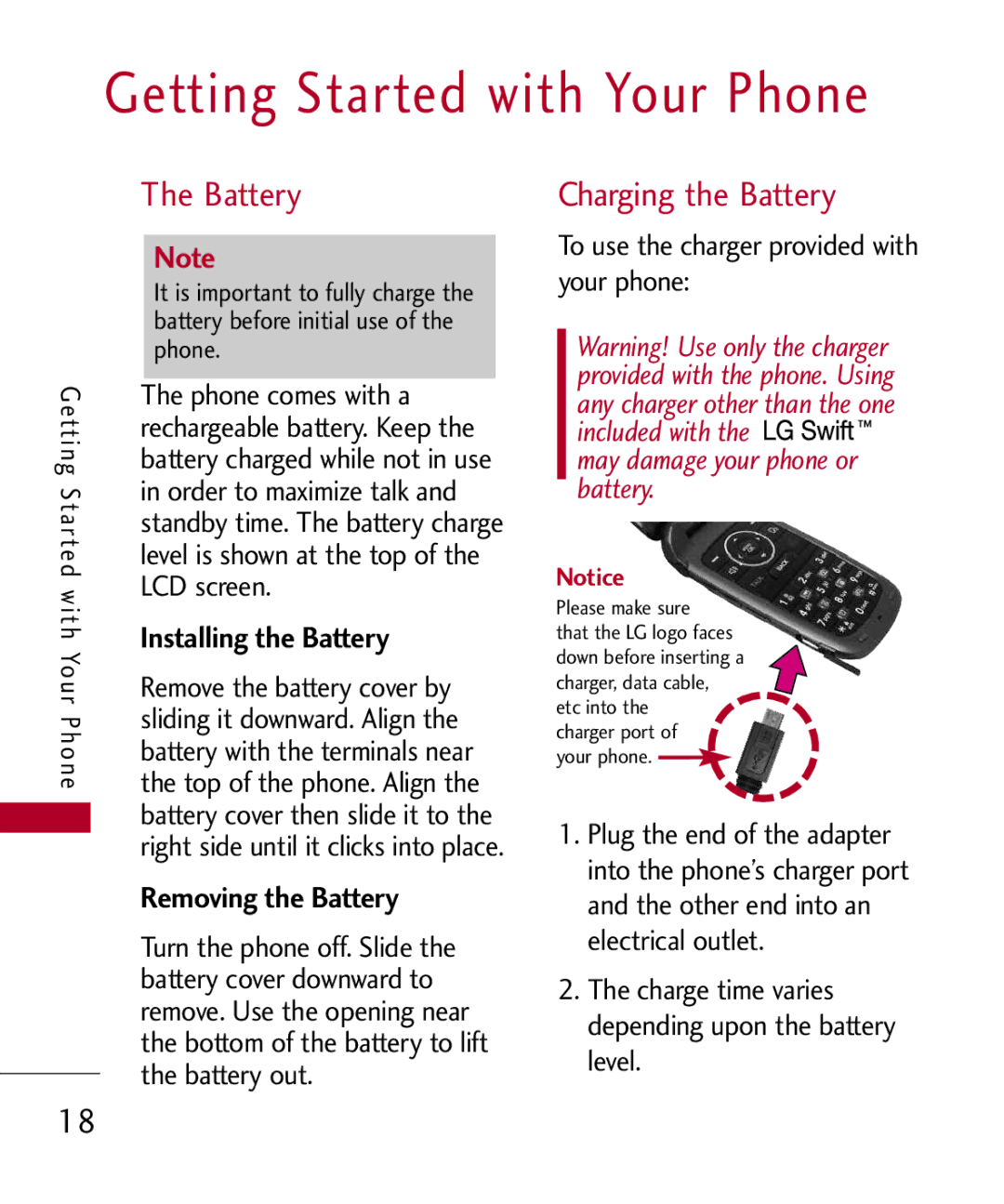 LG Electronics MMBB0309801(1.0) H manual Getting Started with Your Phone, Charging the Battery, Installing the Battery 