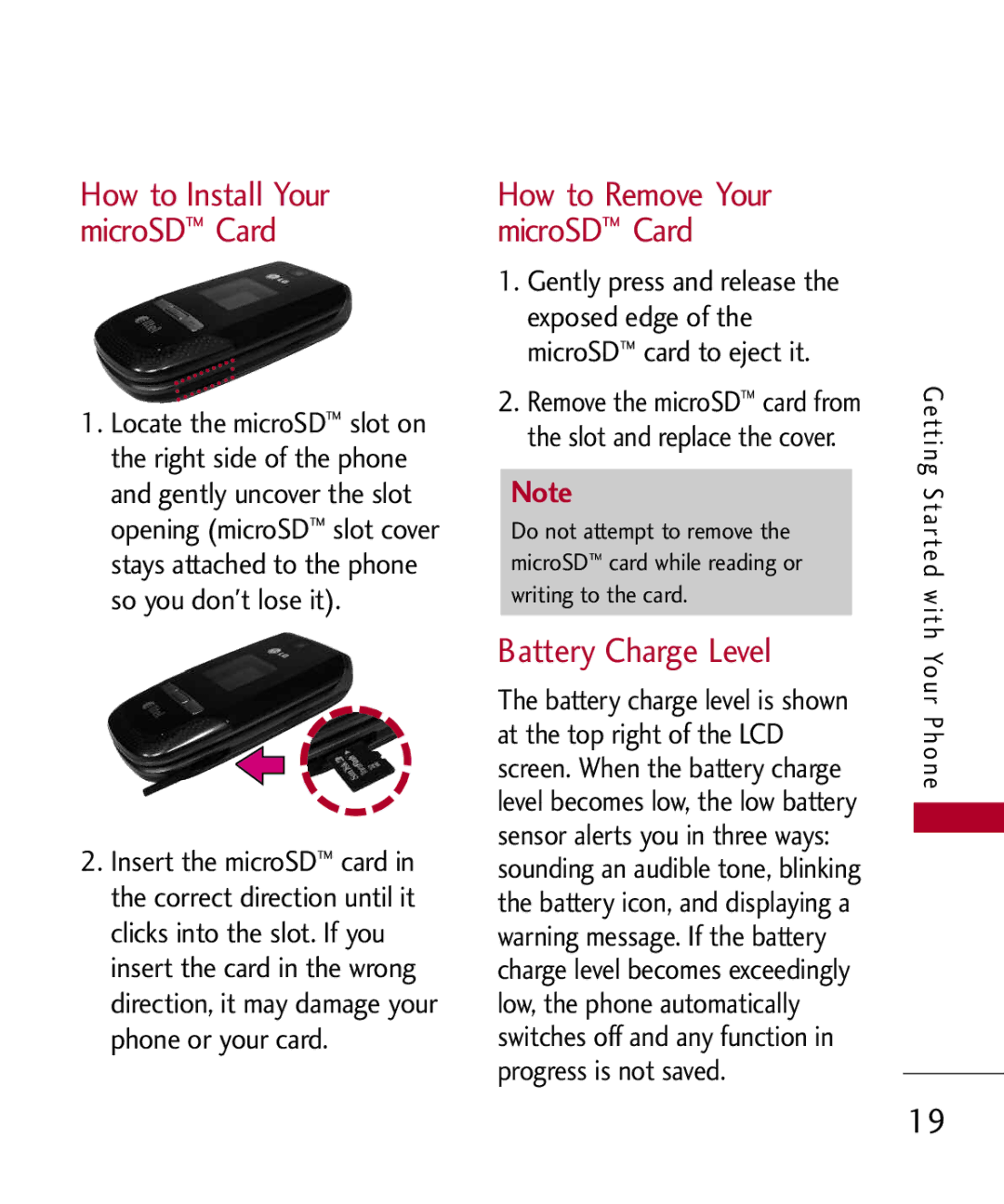 LG Electronics MMBB0309801(1.0) H manual Battery Charge Level, How to Install Your microSD Card 