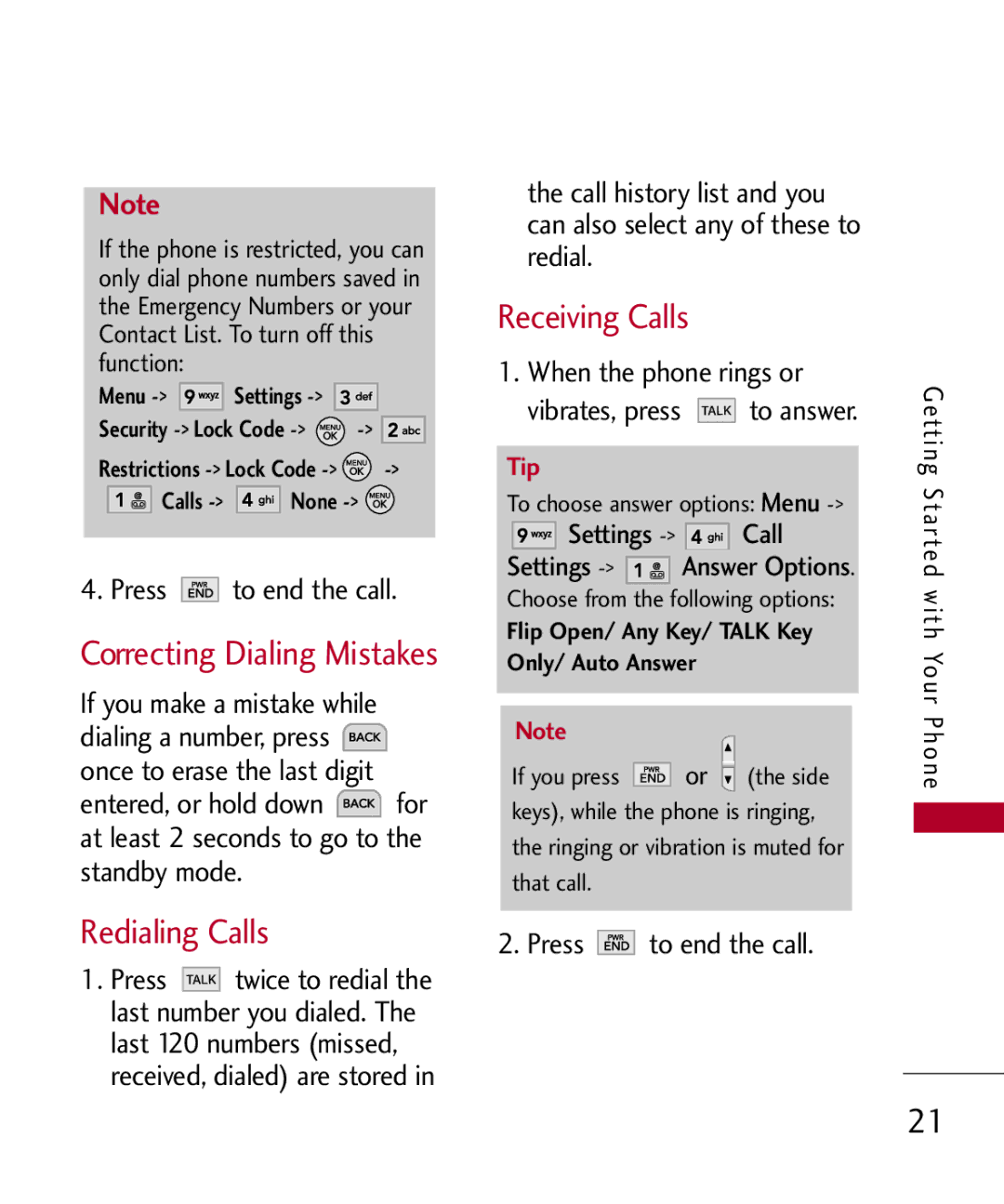 LG Electronics MMBB0309801(1.0) H manual Redialing Calls, Receiving Calls, Press to end the call, When the phone rings or 